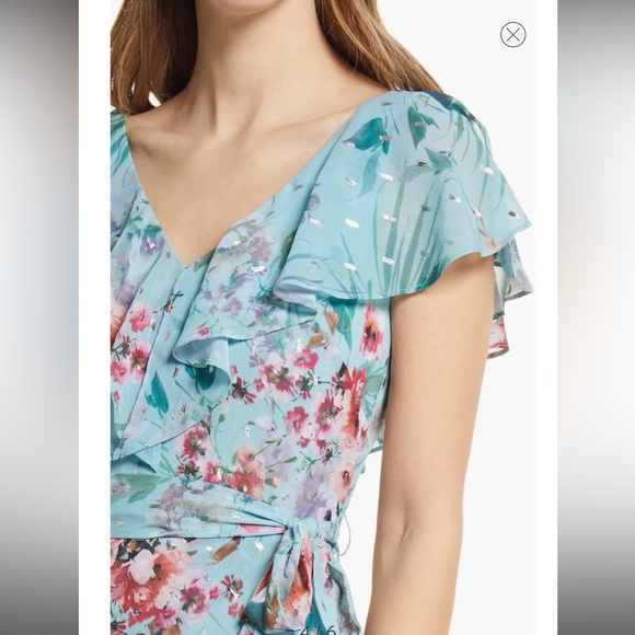 Eliza J Floral Ruffle Trim Calf Midi Dress 2 Mint - Picture 4 of 12